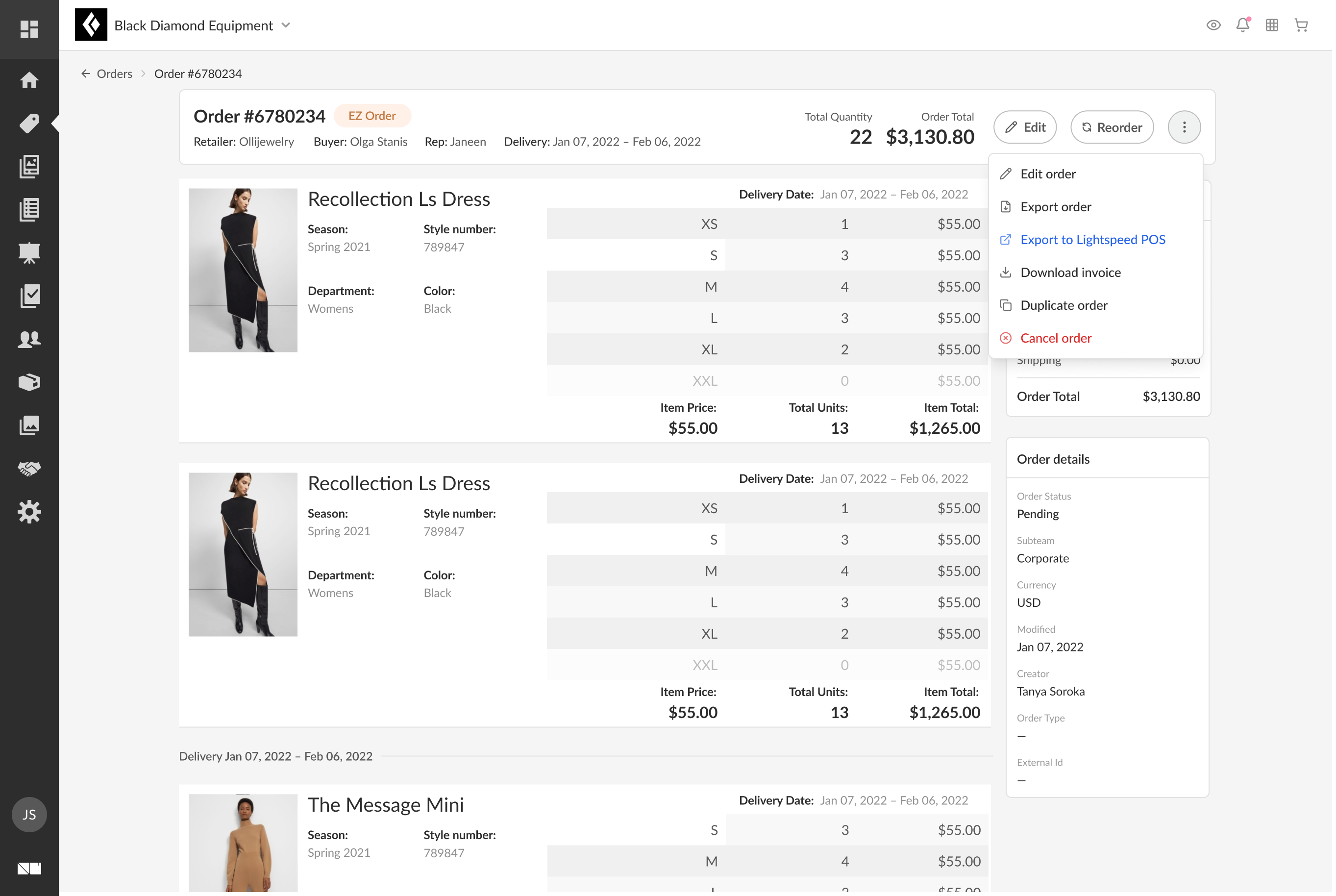 Order details page with the actions menu open showing an Export to Lightspeed POS option