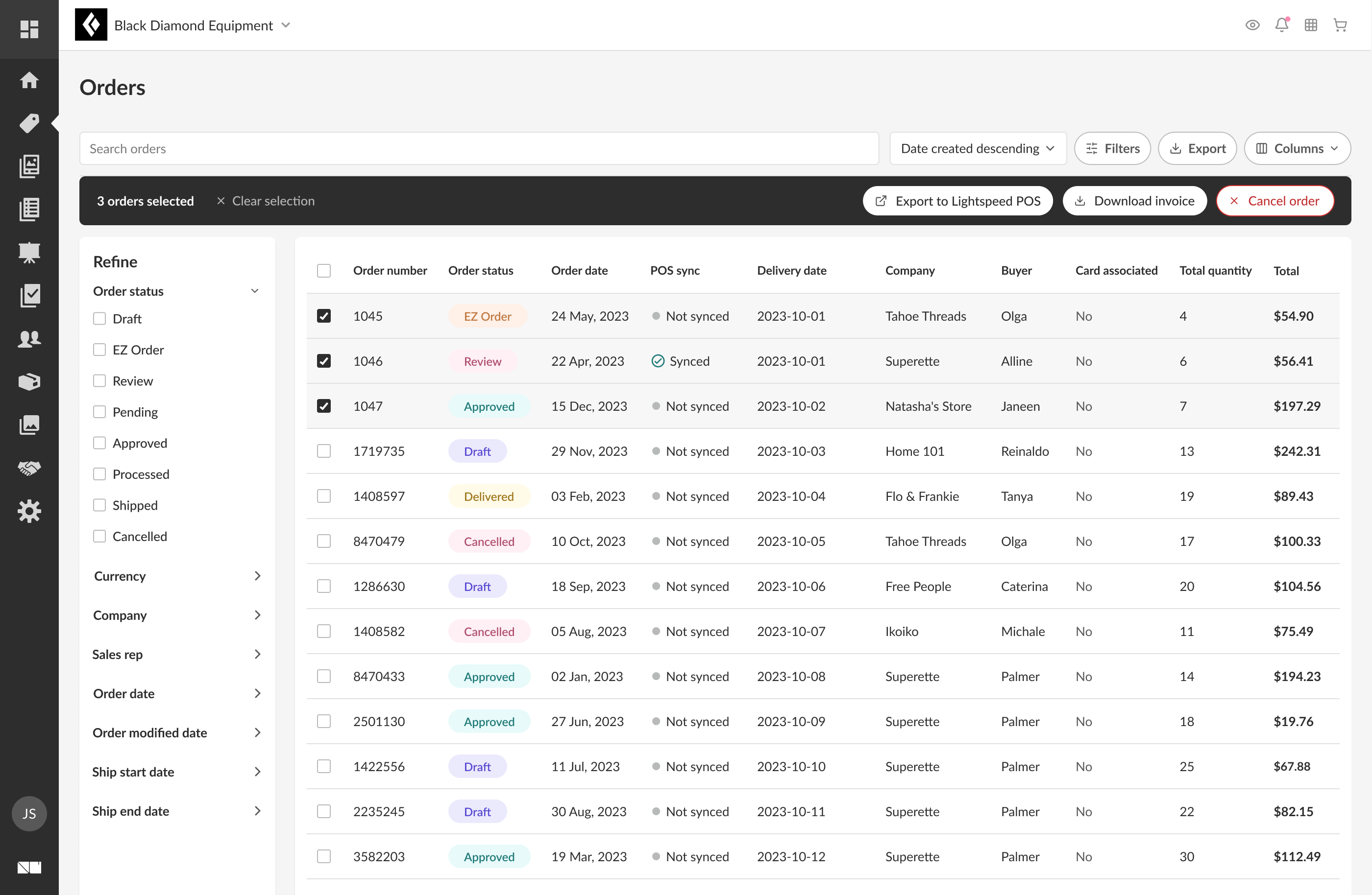 Orders list with three orders selected and an Export to Lightspeed POS action in the bulk bar