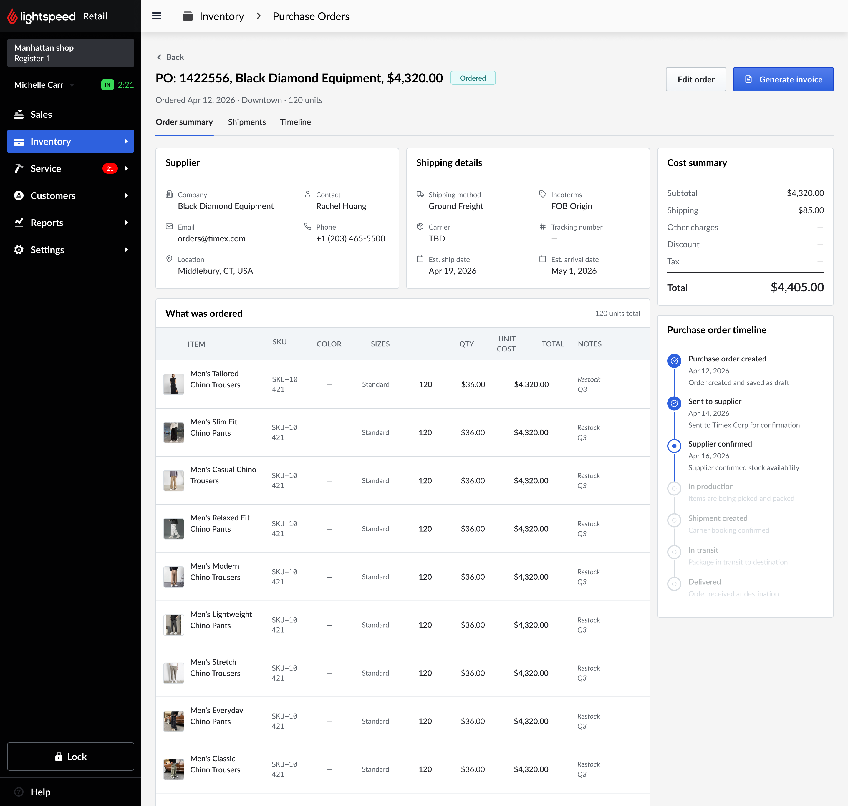 Purchase order timeline in Lightspeed POS