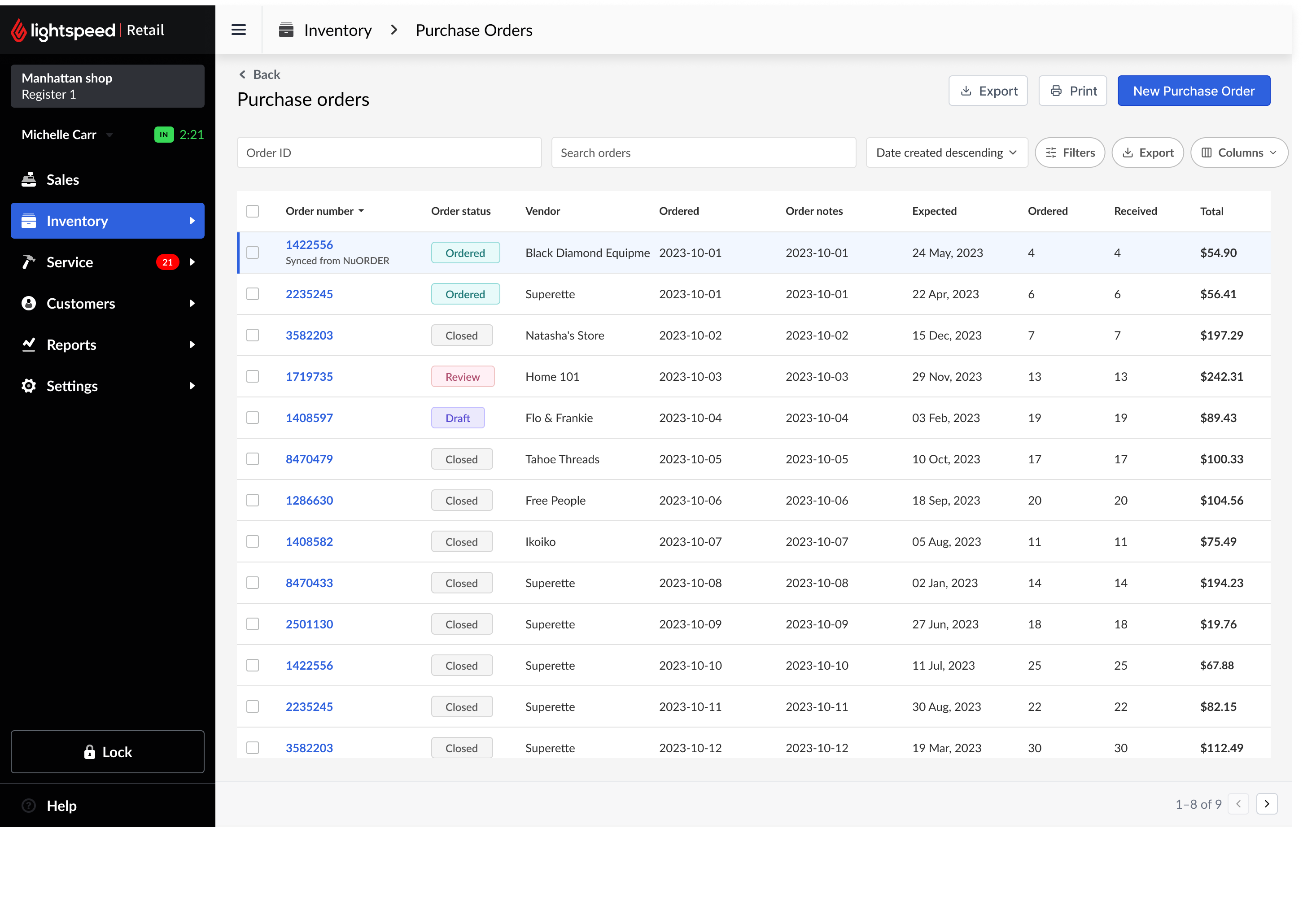 Lightspeed Retail purchase orders list with the NuORDER-synced order highlighted and labeled Synced from NuORDER