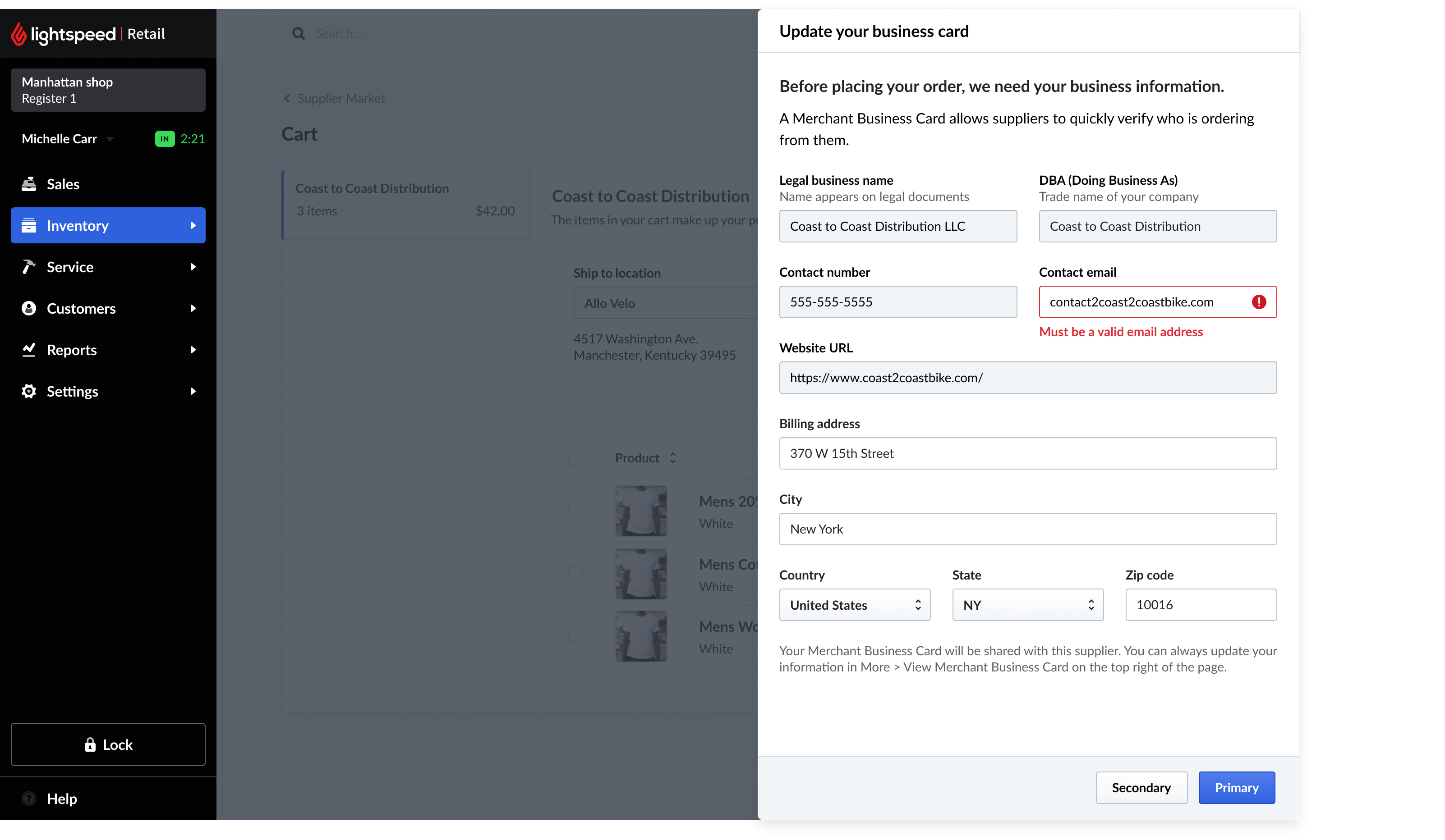 Update your business card panel over the cart, collecting legal business name, DBA, contact details, and billing address, with an inline error reading Must be a valid email address