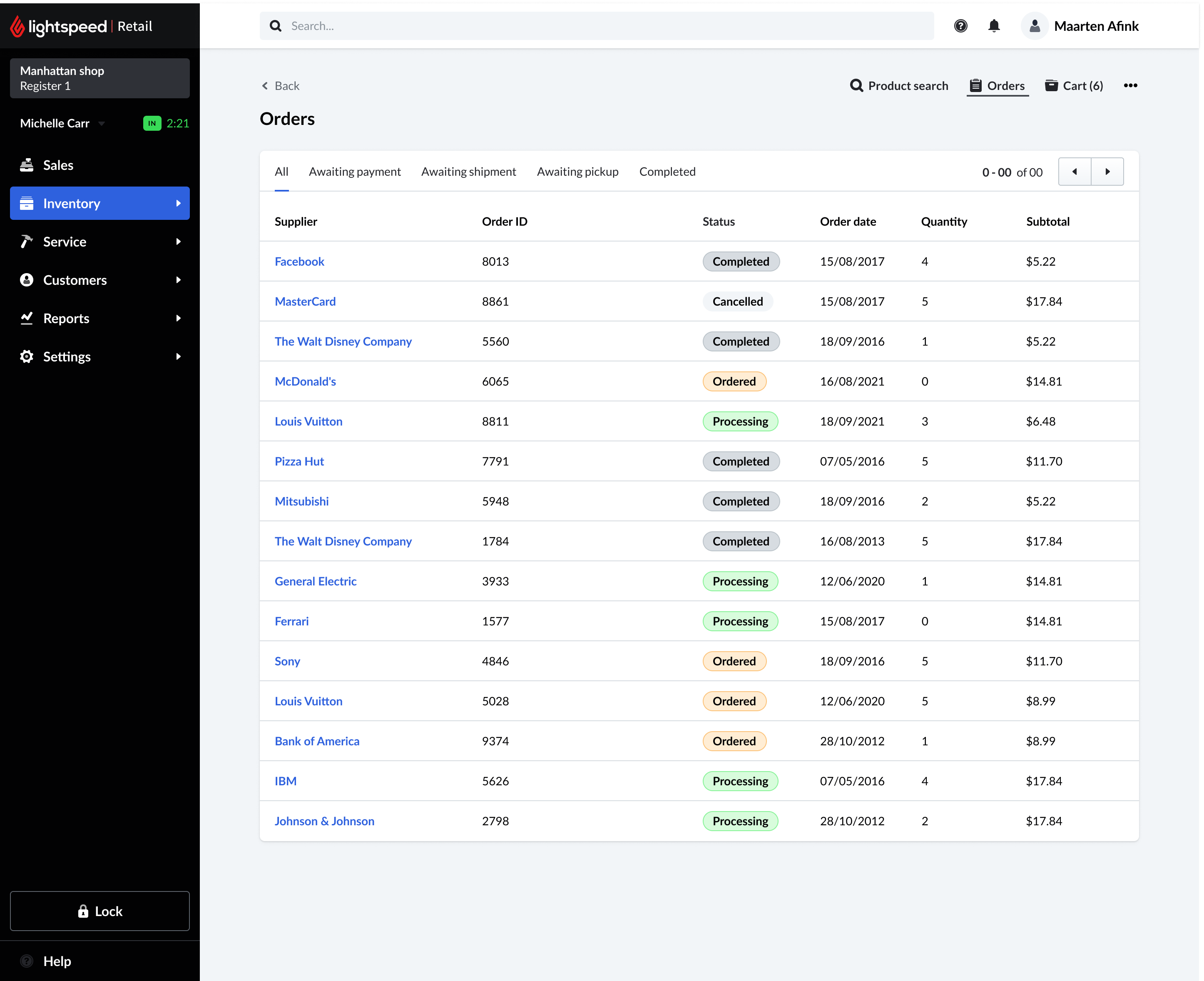 Orders page