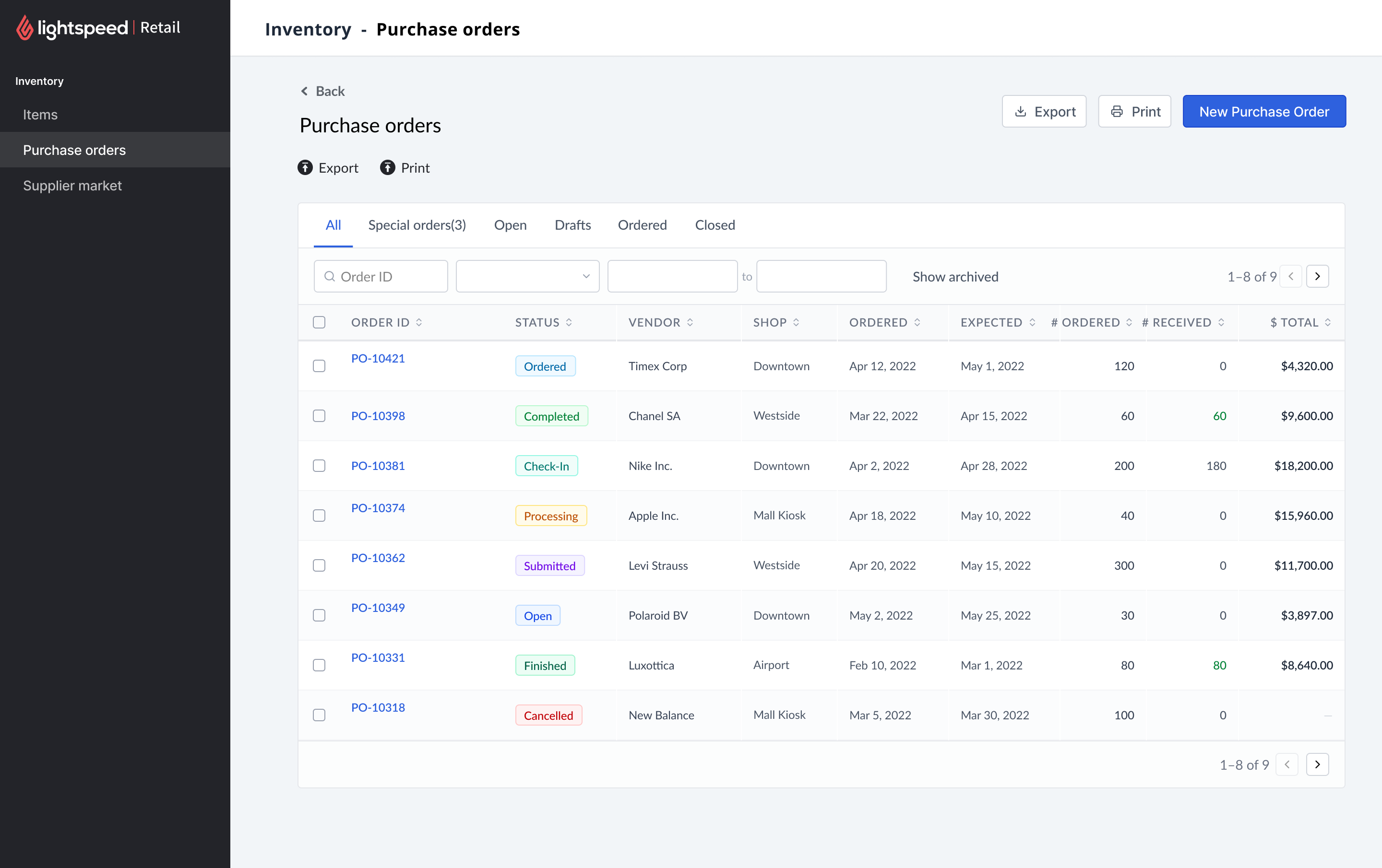 Lightspeed Retail purchase orders list with status, vendor, shop, ordered and expected dates, and ordered-versus-received counts across multiple POs