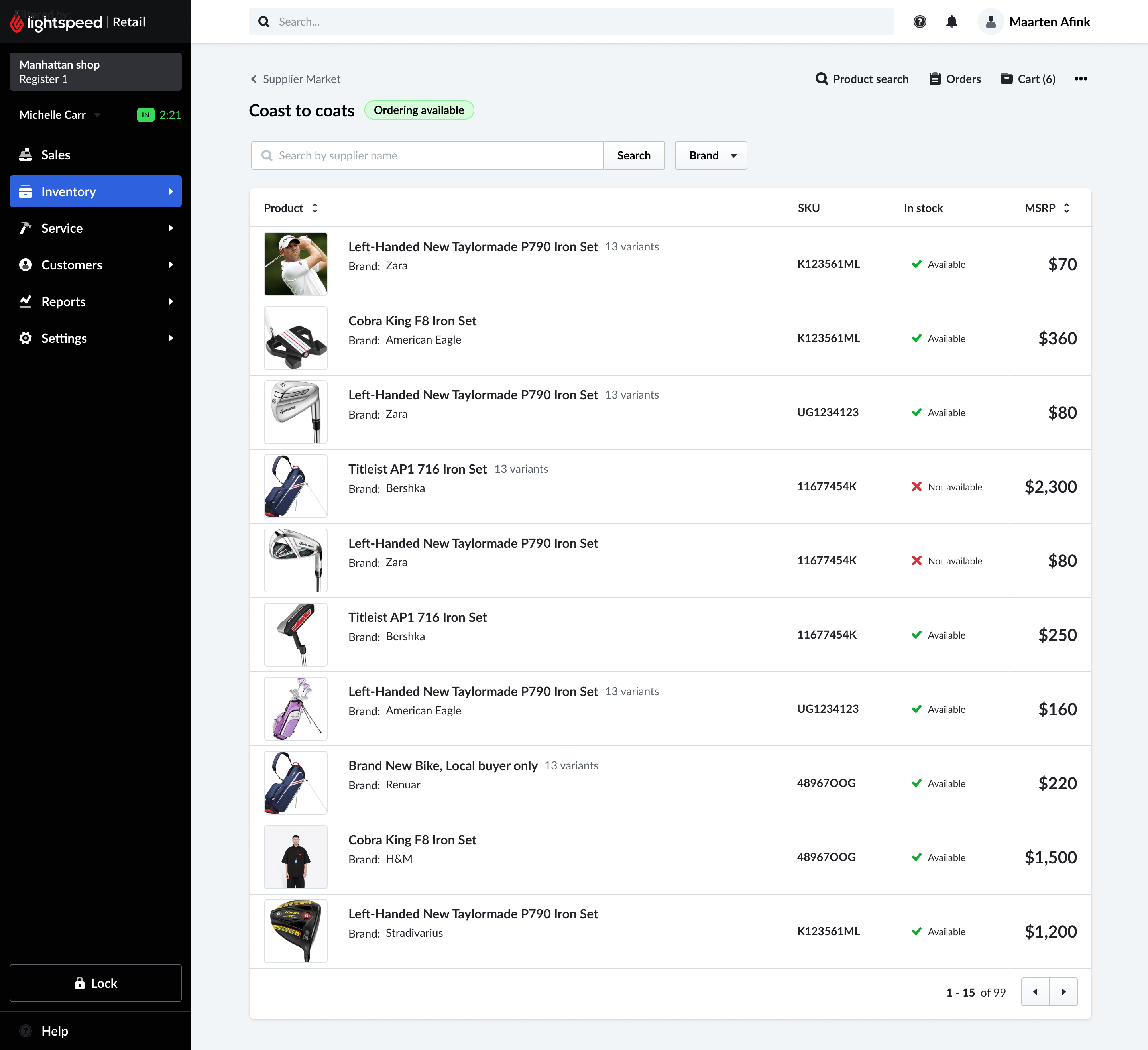 Supplier Market search results inside Lightspeed Retail POS - a supplier catalog with product, SKU, in-stock status, and MSRP columns