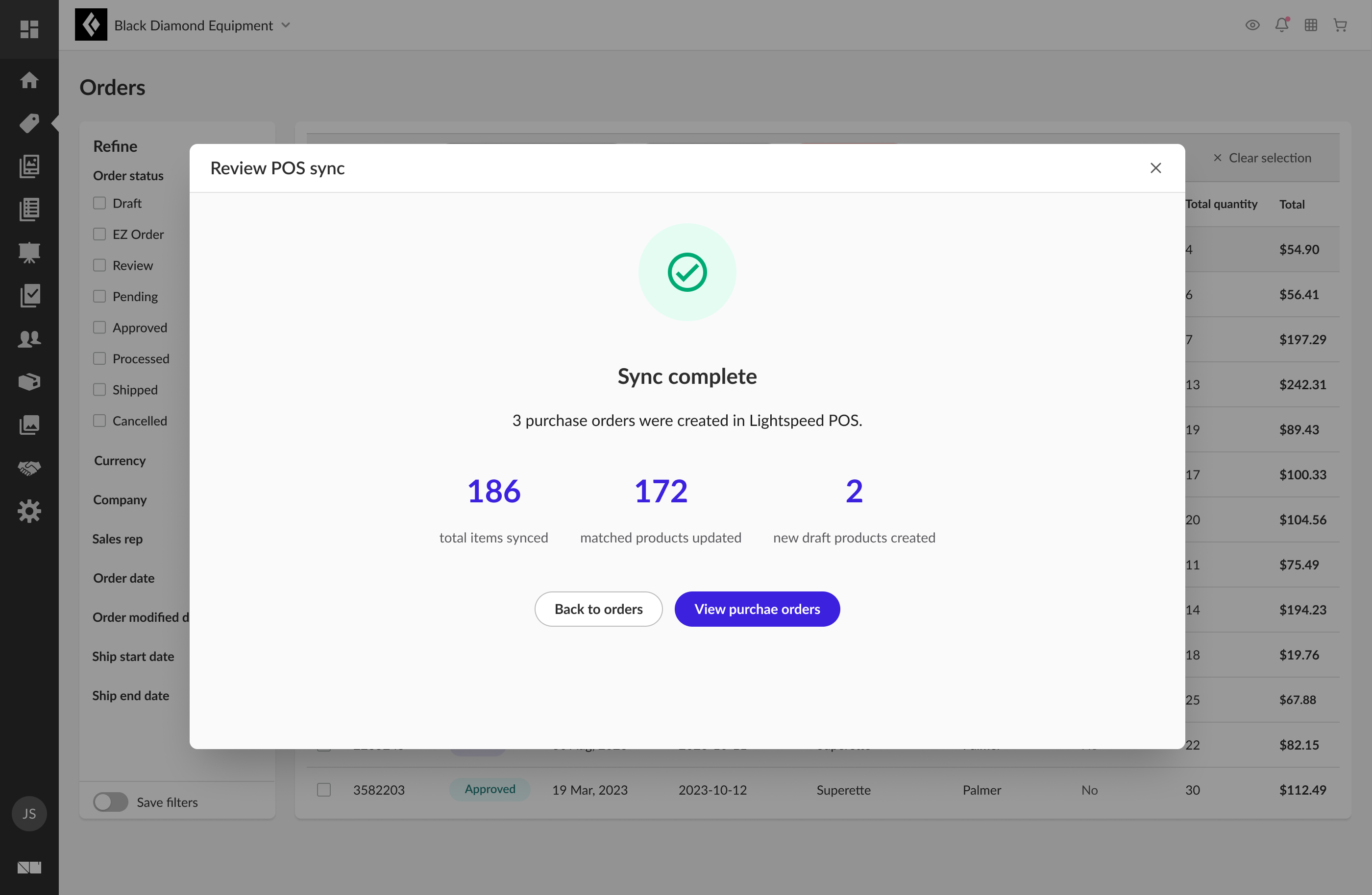 Sync complete screen summarizing 186 items synced, 172 matched products updated, and 2 new draft products created