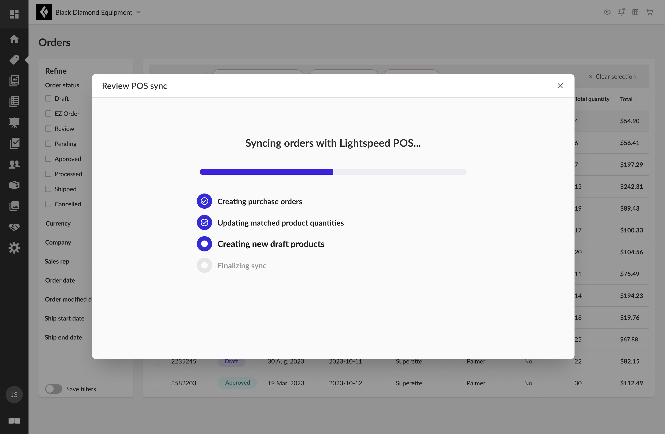 Review POS sync modal showing a progress bar and checklist of sync steps